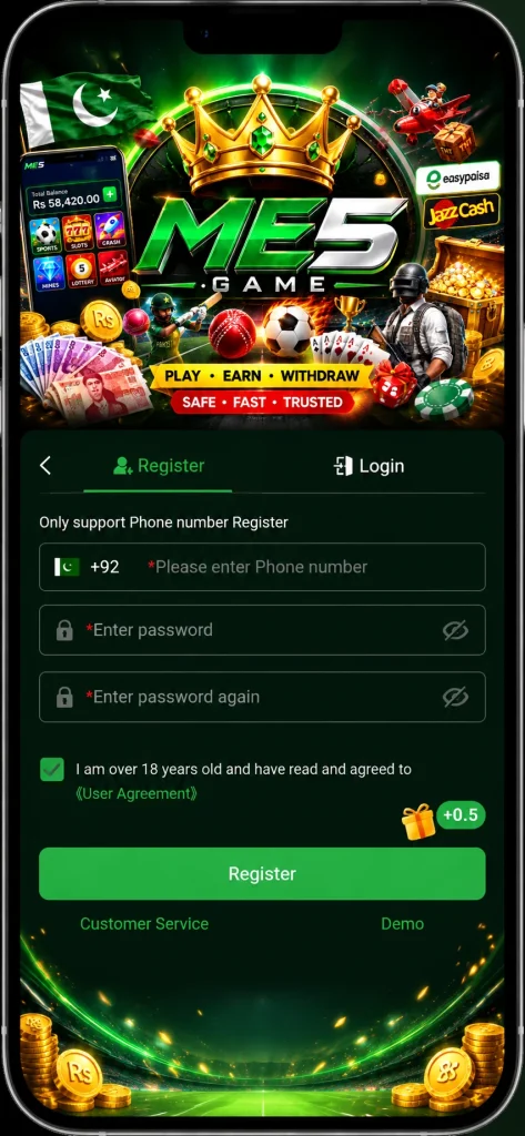 ME5 Game registration and login screen with JazzCash, Easypaisa, and Pakistan-focused gaming features.